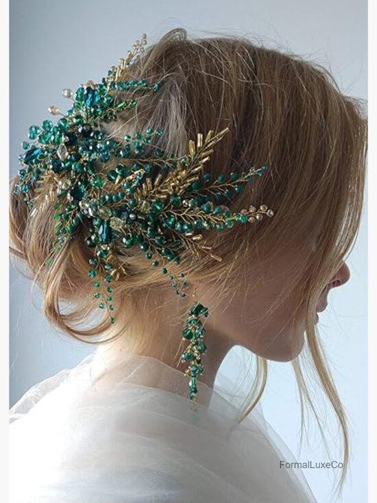 Vintage Green Beads Headpiece with Earrings Gold Headband Wedding Hair main image 5